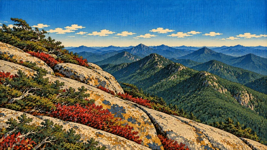 A woodblock print of a bare granite summit with dwarf spruce and red blueberry bushes in its cracks, above a sea of pointed forested peaks.